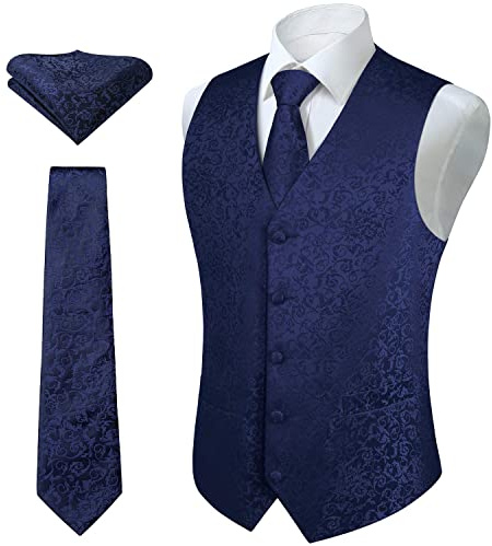 HISDERN Set di gilet e cravatta jacquard floreali classici da uomo in paisley floreale e tasca quadrata Argento Blu marina L