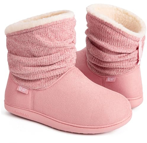 LongBay Varm Chenille stickad Bootie tofflor bekväma suedette fluffig fuskpäls minnesskum stövlar husskor