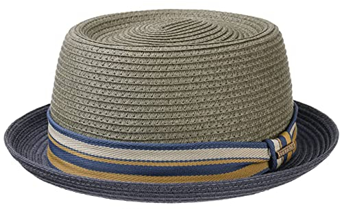 Stetson Licano Toyo Pork Pie Strohhut Herren Aus 100% Papierstroh UV-Schutz 40 Leichter Sommerhut Mit Hutband Integriertem Sonnenschutz Frühling Sommer dunkelblau XL (60-61 cm)