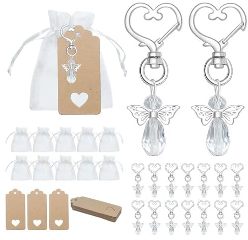 Aotoer 50Pcs Angel Favor Keychain Souvenir Wedding Gifts Baby Shower Guest Return Favors with Thank You Tag Drawstring Candy Bag for Baby Shower, Bridal Shower, Wedding Charm, Party Favors