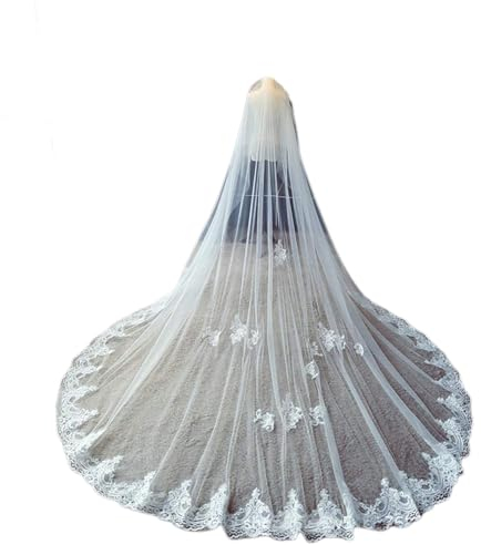 ABWYB Einfache Braut Hochzeit Kapelle Schleier Langer Schwanz 3M / 4M / 5M Brautschleier Weiche Tüll Spitze Applique Rand Cathedral Stirnband Zubehör Elegantes Kleid mit Kamm für Bräute,Weiß,4M