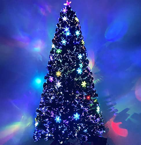 Asinse 6ft Fiber Optic Artificial Christmas Tree, with Transparent Snowflakes, Pre-Lit Green Xmas Tree with Blossom Effects, Top Star and Metal Stand (6FT/180CM, Type 1)