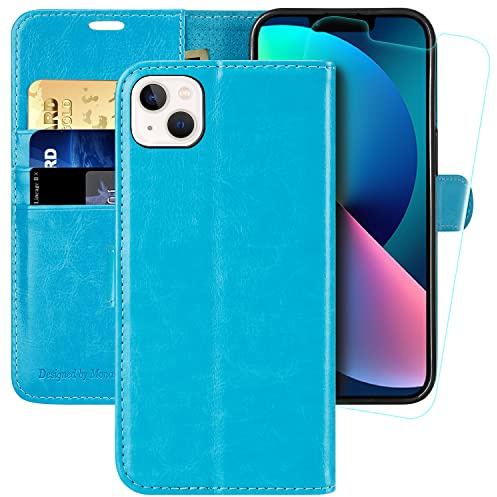 MONASAY Wallet Case for iPhone 14 5G,[Glass Screen Protector Included] [RFID Blocking] Flip Folio Leather Cell Phone Cover with Credit Card Holder，6.1-inch,Light blue