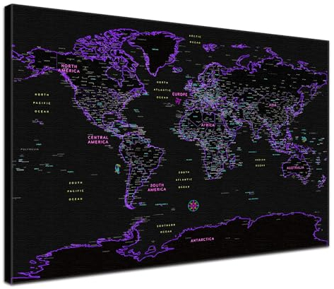 Stilvolle Pinnwand Weltkarte - Neon - Englisch in 80 x 60 cm, stabile Rückwand zum Pinnen inkl. Starterkit - Leinwand-Kunstdruck Wandbild Landkarte XXL