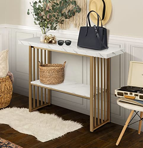 LIFEZEAL Konsolentisch Marmor, 120 cm Eingangstisch mit Metallgestell, Schmaler Flurtisch in kandinavischer Stil, Multifunktionaler Stehtisch für Wohnzimmer, Flur, Eingang (Golden)