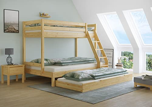 Erst-Holz®Doppel-Etagenbett 120x200 und 80x200 Erwachsenen-Stockbett Kiefer Massivholz Natur V-60.18-08-12Rollrost. Matratze und Gästebettkasten inkl.