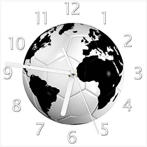 Wallario Design-Wanduhr Planet Fußball aus Glas, Motiv-Uhr Größe 20 x 20 cm, weiße Zeiger