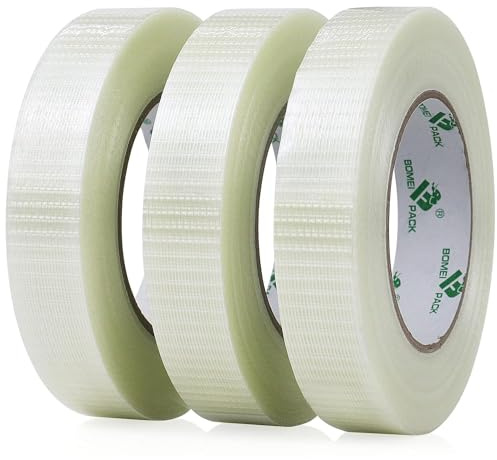 BOMEI PACK 3 rollos de cinta de filamento, 25 mm x 50 m, grosor de fibra de vidrio, cinta de embalaje transparente con filamentos reforzados para flejar, fijar y reparar