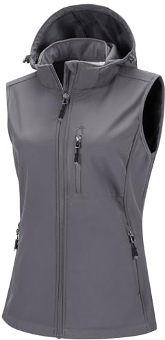 33 000 fot softshell västar för kvinnor med avtagbar huva fleece fodrad ärmlös jacka vattentät vindtät sportväst väst med 5 fickor för ridning löpning vandring, LJUSGRÅ, M
