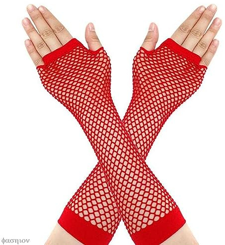 Frauen Fingerlose Fischnetz Neon Handschuhe Bunte Netz Mesh Lange Handschuhe für Mädchen Schöne Armwärmer Sommer Party Kostüm GLV1889RD-Einheitsgröße