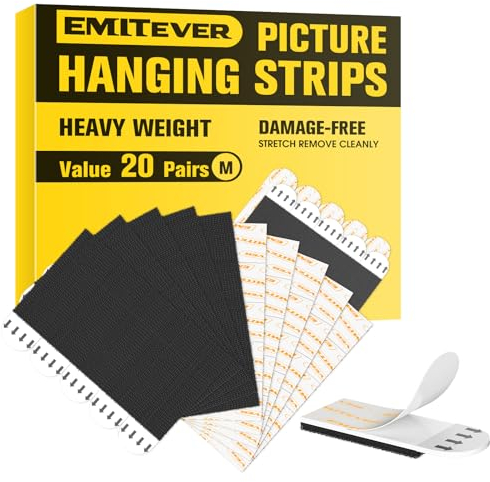 Emitever Picture Hanging Strips Heavy Duty M-20 Pairs (40 Strips), Holds up to 5.4 KG, No Damage Picture Adhesive Strips, Hook and Loop Mounting Tape Black
