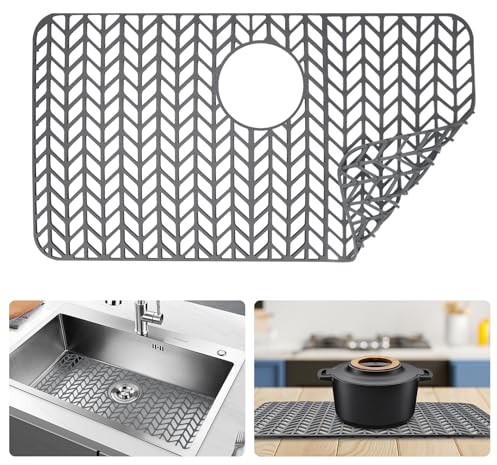 FOSFUKEER Tappetino in silicone per lavello da cucina, pieghevole, resistente al calore e antiscivolo, Adatto per lavelli da cucina in acciaio inox (grigio, foro di scarico posteriore 66 * 35cm)