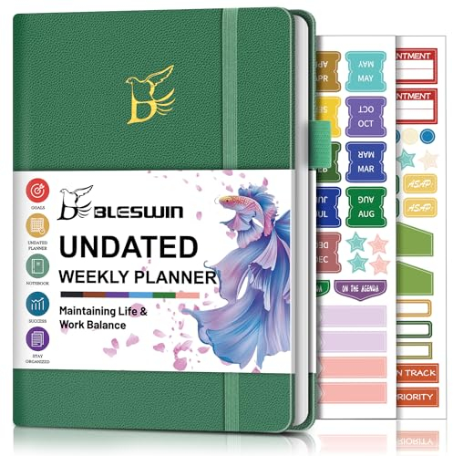 Terminplaner, Undatierter Wochenplaner, Terminplaner A5 mit Monatsplaner, Organizer & Produktivitätsplaner Zeitschrift, Grüner Hardcover-Arbeitsplaner mit Aufkleber Tabs, Satin-Lesezeichen