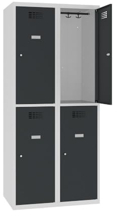 Steinbock Spind bodenstehend | 4 Fächer | HxBxT 180 x 80 x 50 cm | abschließbar | Zylinderschloss | Anthrazit | Metallspind inkl. Kleiderstange, Kleiderhaken, Namensschild