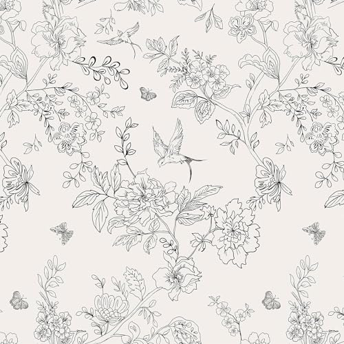 Selbstklebende Tapete Schwarz Weiß Blumen,44 x 1000cm Schwarz Weiß Dschungel Blumen und Vögel Tapete Schmetterlinge Wald Pflanzen Möbelfolie Selbstklebend für Badezimmer Wohnzimmer Schlafzimmer