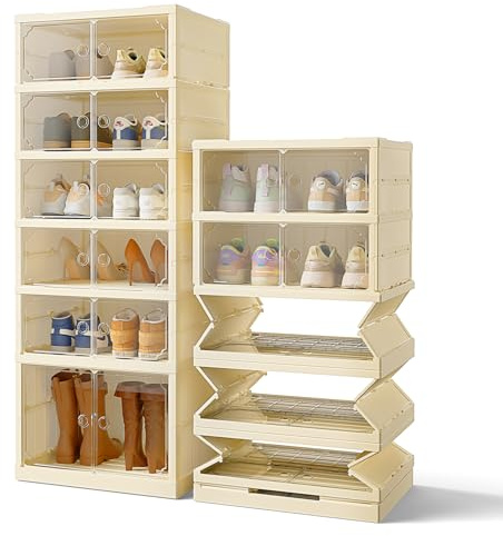 BTGGG Shoe Storage Cabinet 6 Tier Plastic Shoe Boxes Clear Stackable Shoes Cabinet for 10 Pairs & 2 Boots, Installation-Free Tall Clear Plastic Storage Boxes for Sneakers Heels, Hallway, Wardrobe