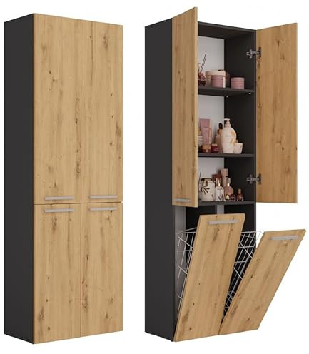 ADGO Badezimmerschrank mit Wäschekorb - Kleiderschrank - Badezimmermöbel - Badezimmerregal - Aufbewahrungsschrank - Bad Hochschrank - Badezimmerschrank Hoch - Mehrzweckschrank - Wäscheschrank
