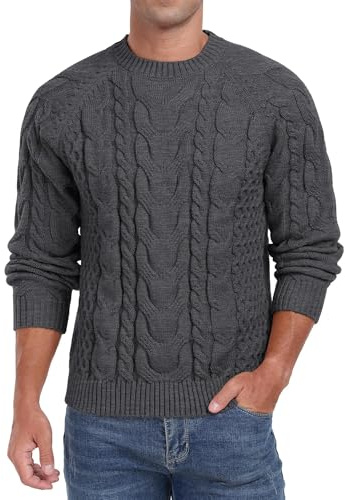 QIXING Maglione da uomo con motivo a treccia, con scollo rotondo, morbido, casual, a maniche lunghe, testurizzato, per uomini, grigio scuro, M