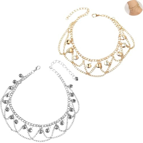2 Stück Fußkettchen Gold Silber für Damen,Personalisiertes modisches -Fußkettchen, böhmische Wellen-Quasten-Fußkettchen für Frauen