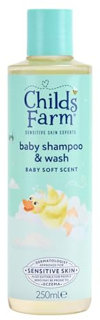 Childs Farm Baby-Shampoo und Duschgel, babyweicher Duft, reißfrei, reinigt sanft und beruhigt, geeignet für Neugeborene mit trockener, empfindlicher Haut, 250 ml