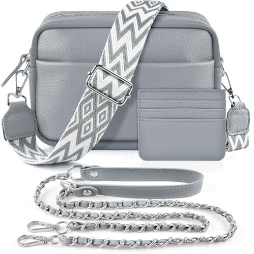 BROTOU Umhängetasche Damen Echtes Leder,Crossbody Bag Damen mit 2 Breitem Schultergurt Kartenhalter,Handtasche Leder Small handbag,Kleine Tasche Damen mit 3 Fächern(S-Grau)