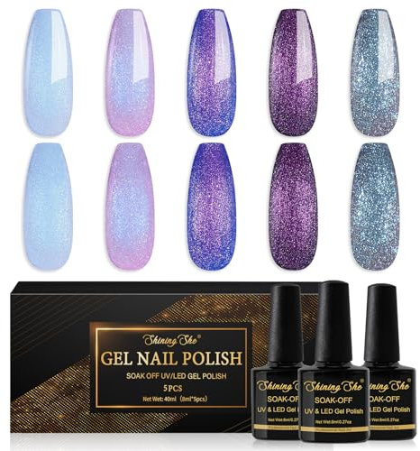 Shining She UV Chamäleon Glitzer Nagellack - 5 Farben Aurora Shimmer Blau Grün Lila Gel für Anfänger Maniküre Salon, Soak-Off UV Gel Nail Polish für Anfänger, 8ML