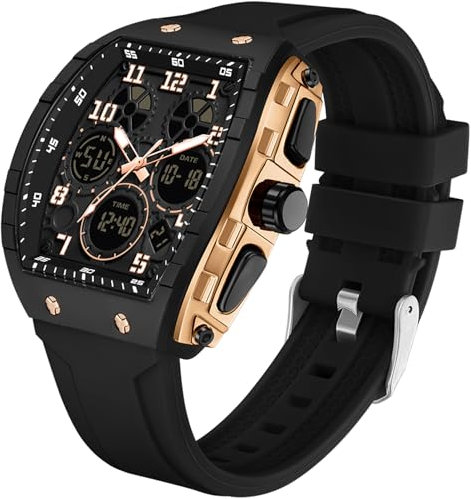 Rechteckige Herrenuhr Cooles Design Kreative Herren Uhren Digital Analog Armbanduhr mit Timer Stoppuhr Doppelzeit 5ATM Wasserdicht Schwarz Rosegold Sportuhr Quarzuhr