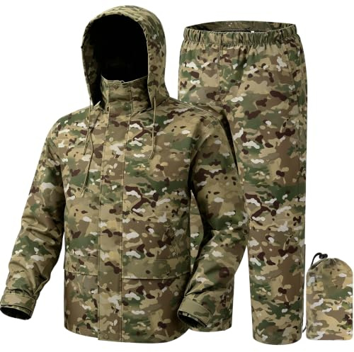 Fousam Regenanzug, Regenbekleidung für Herren, wasserdicht, Camo-Regenjacke, Leichter Regenmantel