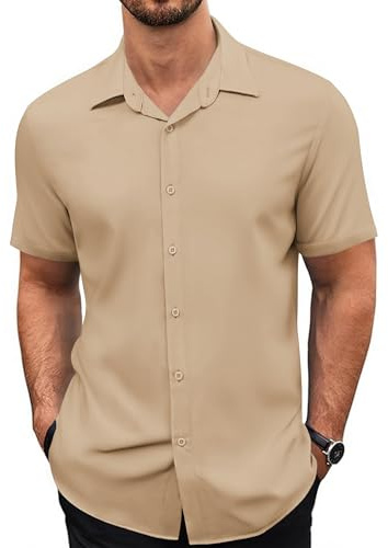 COOFANDY Camisa de manga corta para hombre, camisa de verano, camisa de playa, camisa de negocios, monocolor, informal, corte regular
