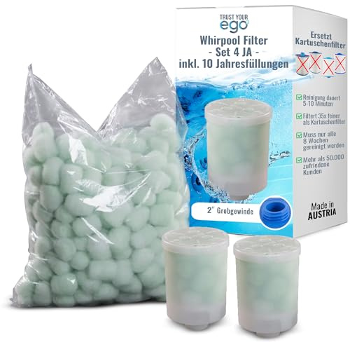 EGO3 Whirlpool Filter Set 4 JA 2 Zoll Grobgewinde + 10 Jahresfüllungen – ersetzt Kartuschenfilter & Whirlpool Filterkartuschen – 300gr Filterbälle – Filter Made in EU (2 Behälter + 300g Filterbälle)