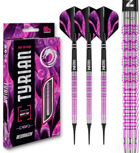RED DRAGON Darts – Tyrian Series - 90% Professional Tungsten - 20g barrel / 22g Full Weight Soft tip Darts Set with Dart Flights and Dart Shafts (Stems)