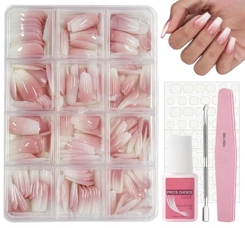 240Pcs French Ombre Press on Nails Set, Natural Gradient Pink False Nails Kit, Ombre Coffin Fake Nails Pink Tips, 12 Sizes Glossy Full Cover Stick on Nail with Glue for Women Girls Nails Art