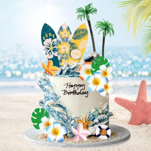 Lot de 20 décorations de gâteau de surf - Décoration de gâteau d'anniversaire - Planche de surf - Fleur de noix de coco - Arbre de tortue - Accessoire de décoration de fête hawaïenne