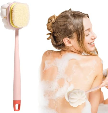 Shower Body Brush with Bristles and Loofah, Body Brushes Back Scrubbers Bath Dry Brush Mesh Sponge with Curved Long Handle for Men and Women Light Pink