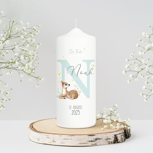 Wandtattoo Loft Taufkerze Junge Mädchen bedruckt personalisierter Buchstabe Reh Rehkitz Kerze zur Taufe Geburtstag Geschenk/Junge/Patenkerze 18 x 7 cm