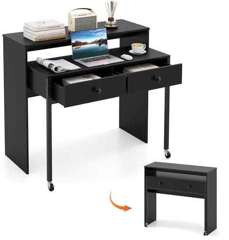 GIANTEX Scrivania per computer con piano estensibile, 100 x 63 x 88 cm, 2 cassetti e ripiano aperto, design compatto con ruote, tavolo da lavoro per camera da letto, ufficio (nero)