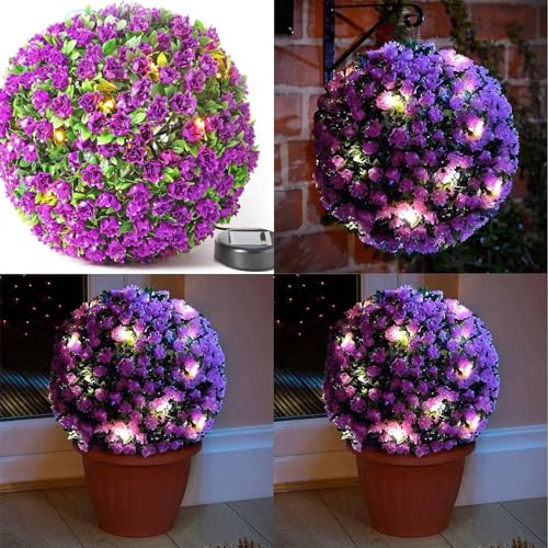 Solar Powered PURPLE Topiary Ball Light, 27CM | Set of 3 | LED Boxwood Hanging Ornament with Warm White Lights |
