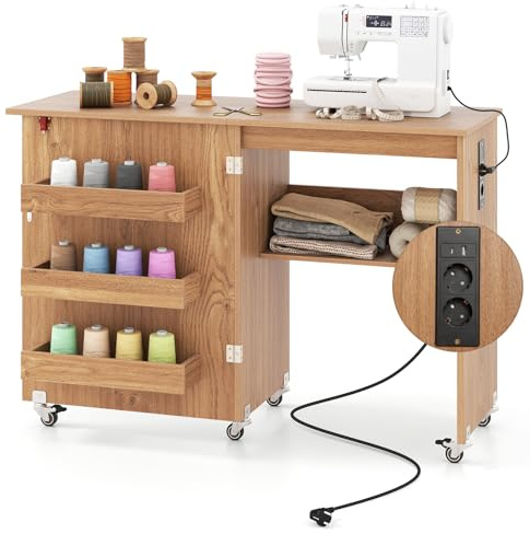 COSTWAY Table de Couture Pliante à roulettes, Armoire pour Machine à Coudre Roulante avec Étagère de Rangement, 3 Bacs Cachés, Meuble Couture pour Salon, Bureau, Studio (Naturel)