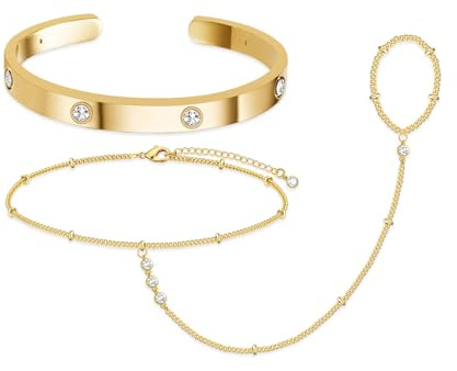 My Queen Hand Chain Bracelet Gold Bangle Bracelets for Women 14K Gold Plated Dainty Cubic Zirconia Finger Ring Chain Cuff Bracelet Stack Body Jewelry Set Trendy
