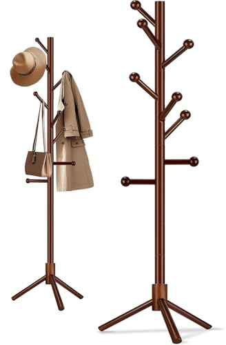 Briful Garderobenständer Kleiderbaum aus Holz – 175 cm Walnuss Freistehend, 8 Kugelförmige Haken, Stabiler Standfuß, Moderner Kleiderständer für Flur, Schlafzimmer oder Büro
