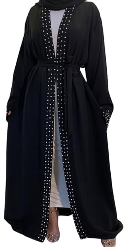 Robe Abaya pour femme unie avec perles nouées à la taille - Style cardigan ouvert sur le devant - Robe longue décontractée confortable et respirante - Robe musulmane, 02# Noir, XL