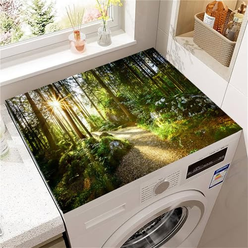 Highdi Housse de Protection pour Machine à Laver Top, Forêt Verte Coussin de Machine à Laver Antidérapant, Tapis de Protection pour Dessus Sèche-Linge Buanderie Séchage (Vert 8,60x60cm)