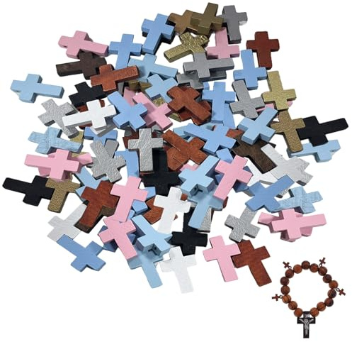Seefey 50 Pcs Naturel Crucifix Charmes Pendentifs En Bois, Croix en Bois Communion, Poche Vacances de Pâques Breloques pour Communion, Baptême et Confirmation