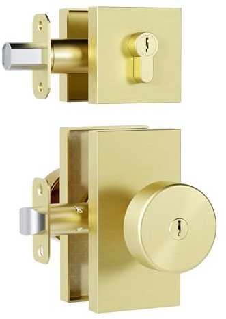 HIEMEY Brushed Gold Door Knobs with Deadbolt Set, Satin Brass Front Door Lock Set Exterior Entry Door Knob Door Handles with Key, Keyed-Alike