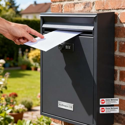Zedelmaier Briefkasten Personalisiert Postkasten mit Zahlenschloss | 3-stelligem Code Mailbox für C4 Umschläge| Zahlenschloss Briefkasten mit Namensschild | Wandbriefkasten Anthrazit
