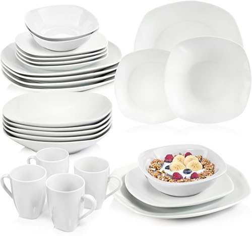SÄNGER Geschirrservice Bilgola in Weiß, 30-teiliges Geschirrset | 6 Personen - Teller, Kaffeebecher & Schalen, Eckiges Design, Teller-Set aus Porzellan, Komplettservice