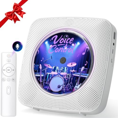 Kegaudio Offline Voice Control CD Players for Home with Speakers Bluetooth | White Portable CD-Player with Remote Radio Removable Dust Cover Desktop & Wall Mounted Support USB/AUX Playback Headphone
