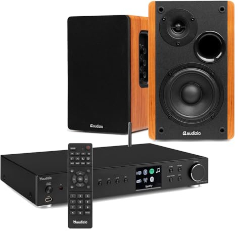 Audizio Adria DAB+ Internet Radio & Bookshelf Speaker HiFi System with Spotify, Bluetooth, WiFi, FM, USB, Complete Streaming Music Solution for Home or Small Business - Wood Finish, 80W Kit.