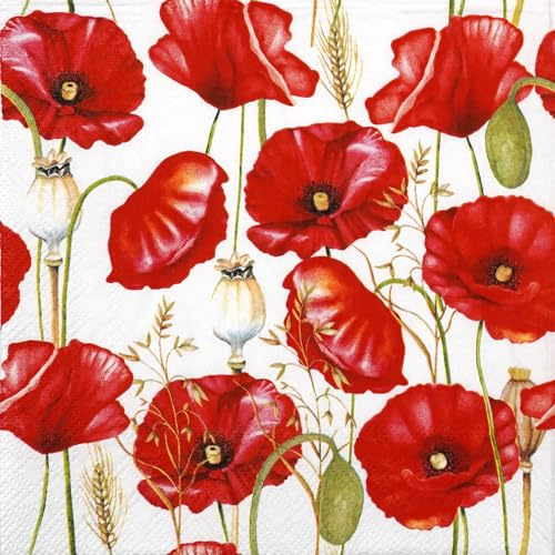Ambiente Servietten Papier 33x33cm 3-lagig 20 Stück - hochwertig & nachhaltig - Einweg Papierservietten mit Mohnblumen Motiv - Dinnerparty Lunchservietten Sommerfest - florales Tischdeko
