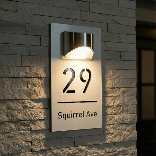 Números de Casa Exterior con Luz Solar LED, Placa de de Acrílico Impermeable con Grabado Láser 3D Personalizable, Letrero para Puerta Exterior zm (4 Tamaños, 16 Fuentes, 3 Colores)(Blanco-Negro)